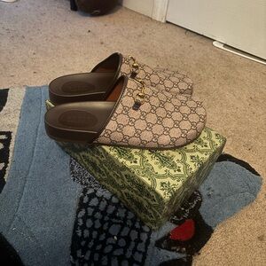Gucci Beige and Brown Monogram Slip-Ons